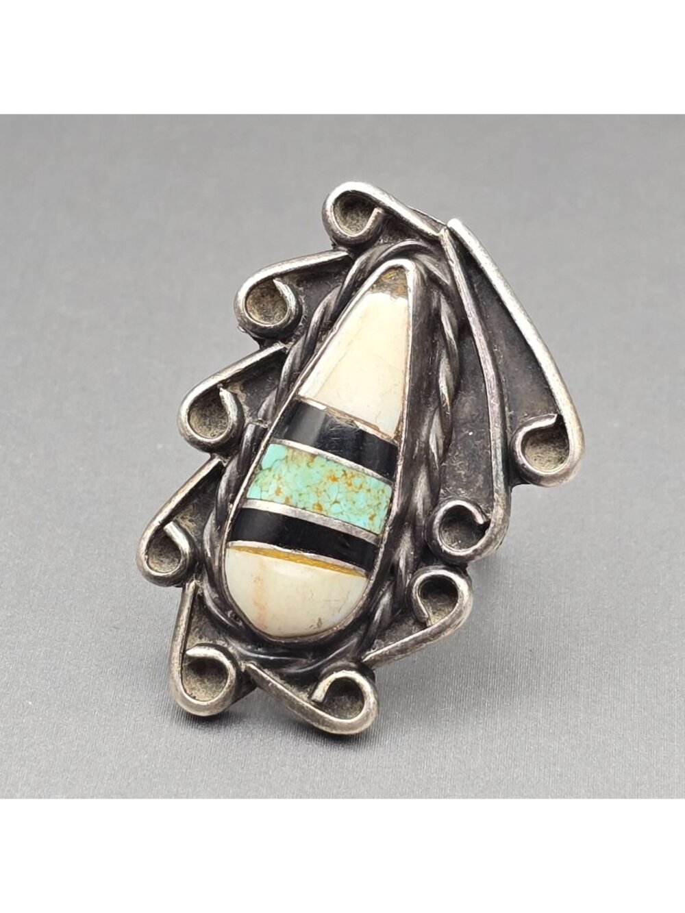 Vintage Southwestern 925 Sterling White Buffalo Turquoise Onyx Inlay Ring READ
